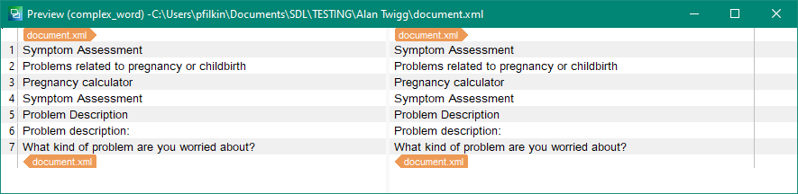 Preview of a complex word document in Trados Studio with XML structure, displaying sections like 'Symptom Assessment' and 'Problem Description'.