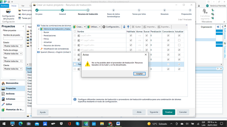 Trados Studio error message pop-up saying 'No se ha podido abrir el proveedor de traducci n Recursos basados en la nube y se ha desactivado.'