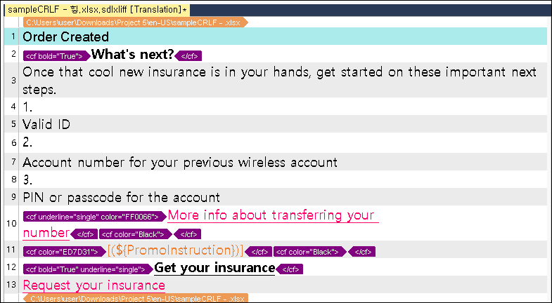 Screenshot of Trados Studio interface showing a translation project with text formatting tags such as 'cf bold' and 'cf underline' visible in the source column.
