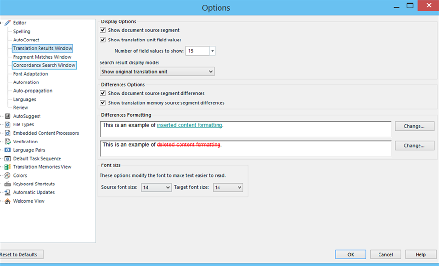 Trados Studio Options window showing Editor settings with no visible errors or warnings.