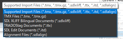 Dropdown menu in Trados Studio showing supported import files including TMX, SDLXLIFF, TTX, ITD, and SDLALIGN formats.
