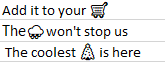 Screenshot showing text with emojis displayed as shopping cart, cloud, and Christmas tree.