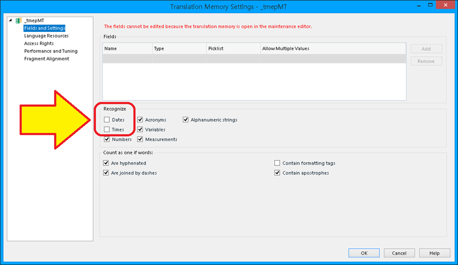 Trados Studio Translation Memory Settings window with an error message stating 'The fields cannot be edited because the translation memory is open in the maintenance editor.' Options for 'Recognize' such as Dates, Times, Numbers, Acronyms, Variables, Alphanumeric strings, and Measurements are shown, with Times and Numbers checked.