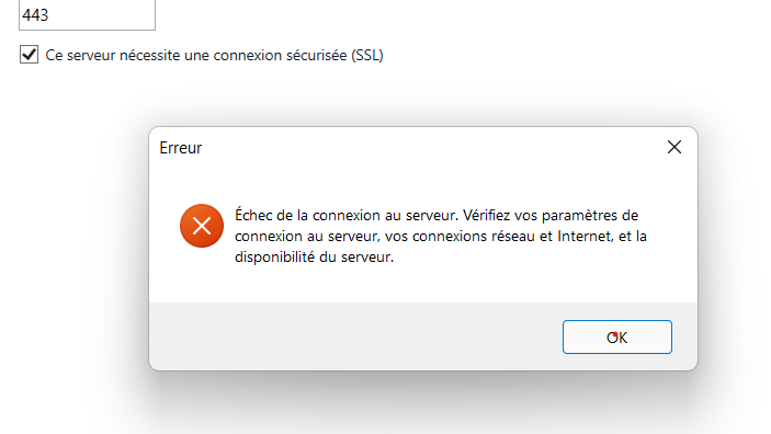 Error message in Trados Studio stating 'Connection failure to the server. Check your server connection settings, your network and internet connections, and the server availability.' with an OK button.