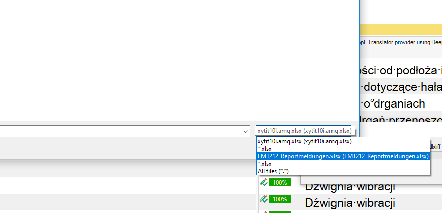 Trados Studio screenshot showing the file renaming field with 'xytti10;amq.xlsx' typed in and a dropdown list of file types including '*.xlsx' and 'All files (*.*).'