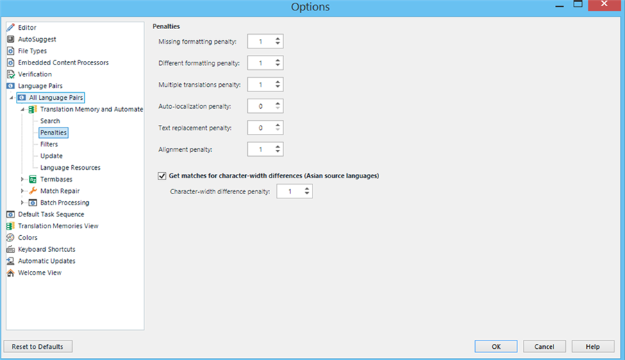 Trados Studio Options window displaying Penalties settings for Translation Memory and Automated Translation, no errors shown.