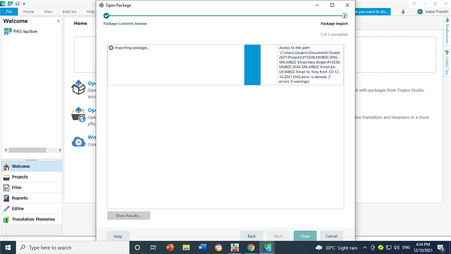 Trados Studio 2021 SR2 error message during package import stating 'Access to the path is denied' for a file in the Documents folder.
