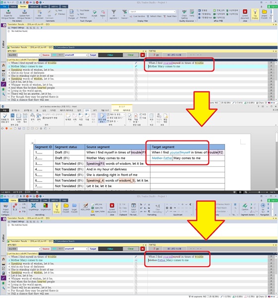 Trados Studio interface showing a segment with a draft status and the source text 'When I find myself in times of trouble Mother Mary comes to me' with a warning for missing translation in the target segment.