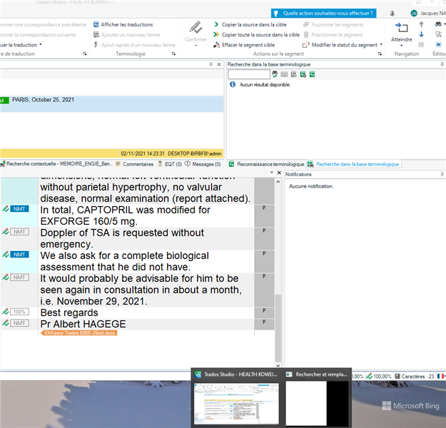 Trados Studio workspace with a document open, 'FindReplace' dialog box showing 'No results available' message in French.