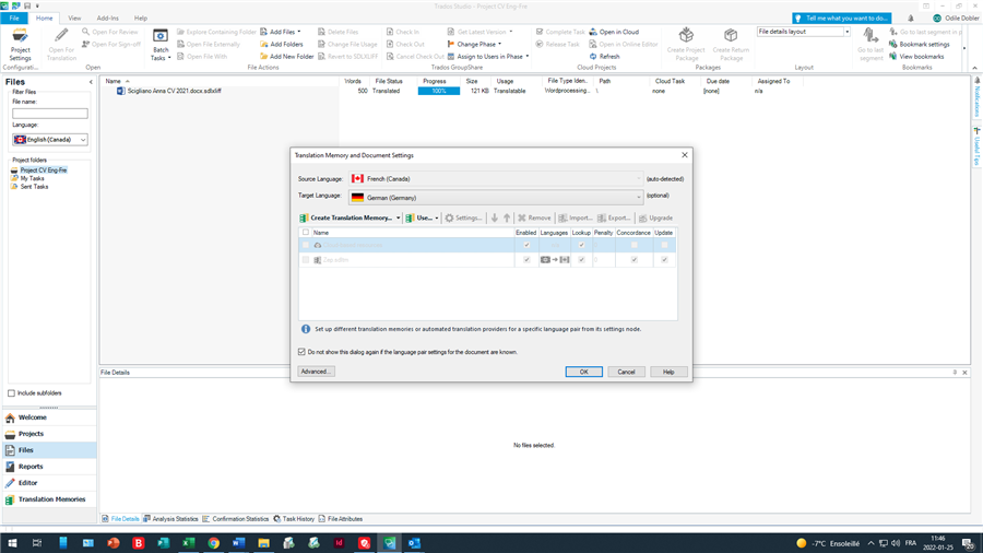 Screenshot of SDL Trados Studio showing incorrect auto-suggested language pair in Translation Memory and Document Settings window, displaying French (Canada) to German instead of English to French.