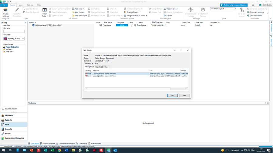 Screenshot of SDL Trados Studio Task Results window with an error message stating 'No language cloud engine found' for a file conversion task from French to German.