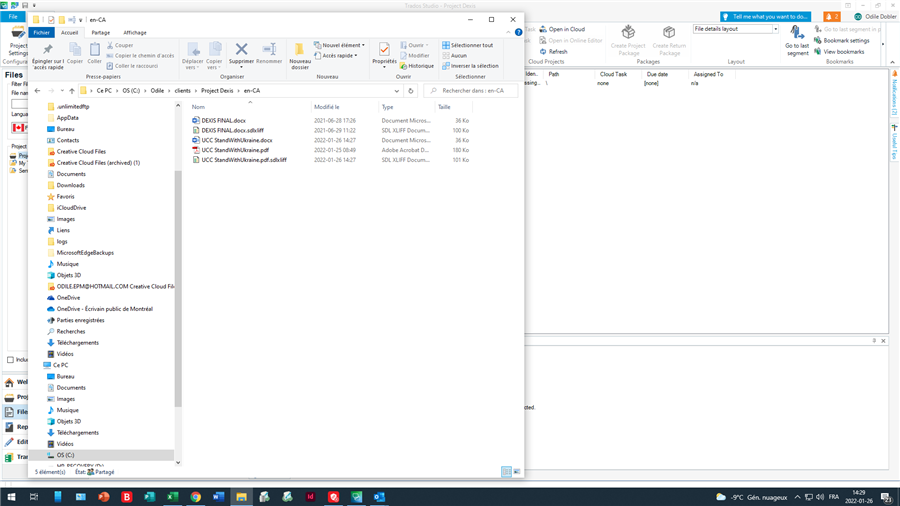 File explorer view within Trados Studio showing the Project Dexis EN-ca directory with newly created sdlxliff file.