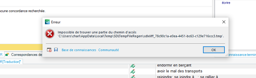 Error message in Trados Studio stating 'Impossible de trouver une partie du chemin d'acces' with a file path and an 'OK' button.
