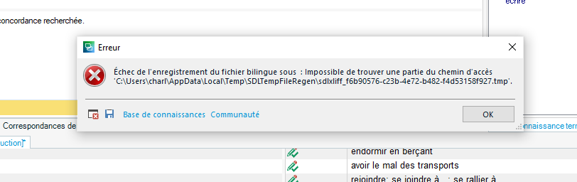 Error message in Trados Studio about 'Echec de l'enregistrement du fichier bilingue sous' with a file path and an 'OK' button.