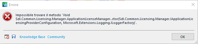 Error message in Trados Studio stating 'Impossible to find the method 'Void Sdl.Common.Licensing.Manager.ApplicationLicenseManager..ctor' with a list of parameters.