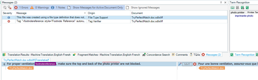 Error message in Trados Studio's Messages panel indicating a file type definition issue and a tag 'footnotereference' error.