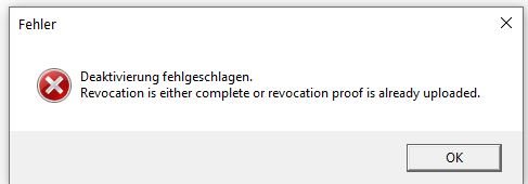 Error message in Trados Studio stating 'Deactivation failed. Revocation is either complete or revocation proof is already uploaded.' with an OK button.