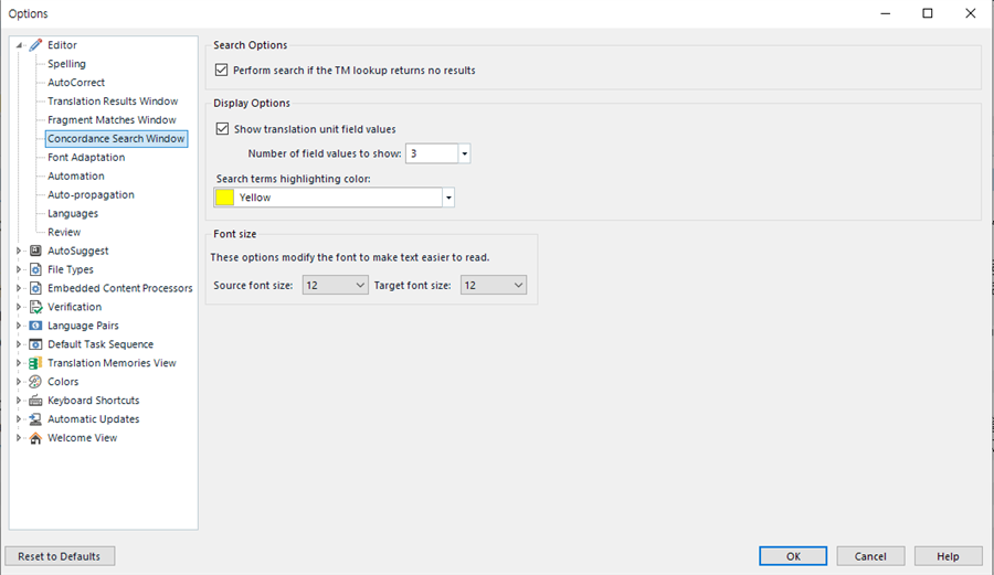 Trados Studio Options menu showing 'Perform search if the TM lookup returns no results' option checked under Search Options.