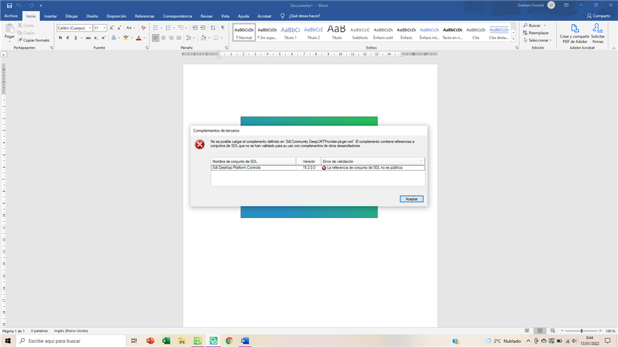 Error message in Trados Studio 2019 stating 'No es posible cargar el complemento definido en Sdl.Community.DeepLMTProvider.plugin.xml' with a validation error 'La referencia de conjunto de SDL no es p blico'.