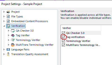 Trados Studio Project Settings window with Verification tab open, showing Tag verification option checked.