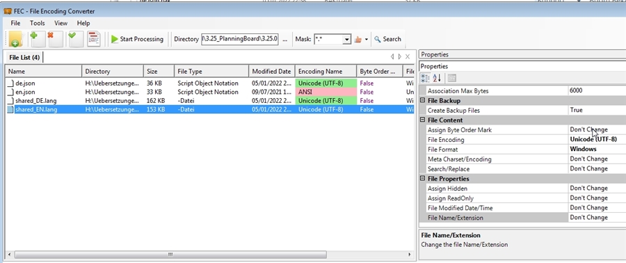 Screenshot of FEC - File Encoding Converter application showing a list of files with their respective directory, size, file type, modified date, encoding name, and byte order mark status. One file is in ANSI encoding, and the others are in Unicode (UTF-8) without BOM.