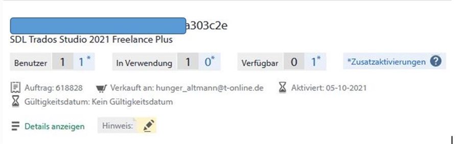 Trados Studio account page showing one user for SDL Trados Studio 2021 Freelance Plus, one license in use, zero available, and activated on 05-10-2021.