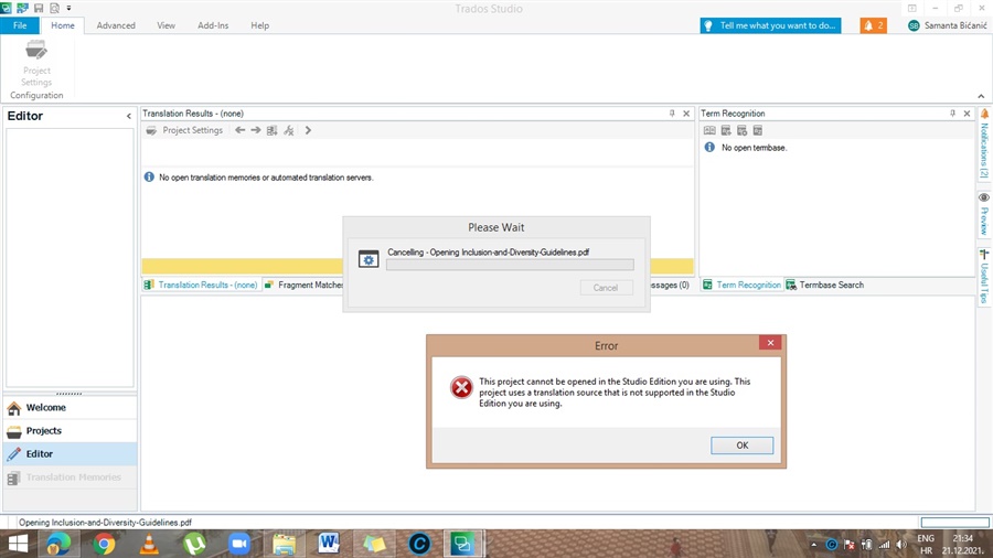 Cannot open any file type as single document in Trados Studio 2021 Starter  - 2. Trados Studio - Trados Studio - RWS Community