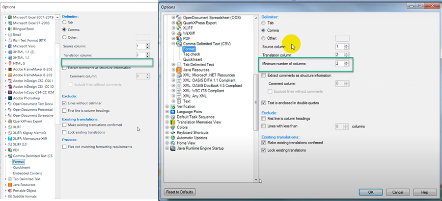 Trados Studio 2011 options window showing CSV file format settings with 'Minimum number of columns' set to 2 and 'Extract comments as structure information' option checked.