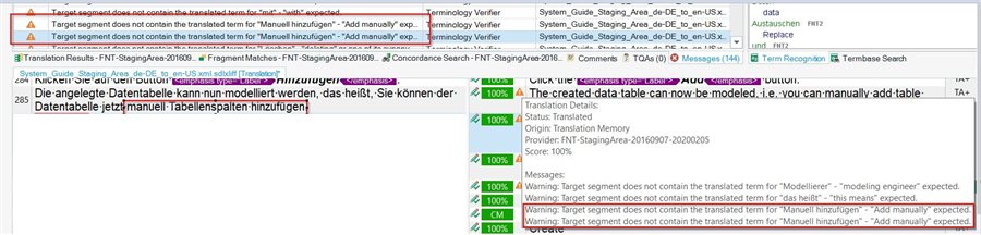 Screenshot of Trados Studio showing multiple warnings for missing translated terms 'Modellieren' and 'Manuell hinzuf gen' in the target segment.