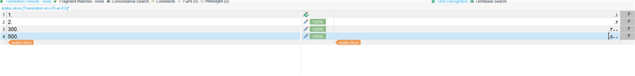 Screenshot of Trados Studio showing a project editor with translation results. Columns display numbers 1, 2, 3, 300, and 450 with corresponding status bars indicating progress in green and orange.