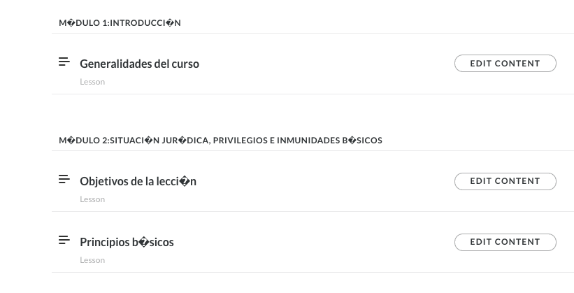 Screenshot of a virtual learning platform showing text with encoding errors, where characters with accents are replaced by   symbols in words like 'INTRODUCCI N', 'SITUACI N JUR DICA', and 'lecci n'.
