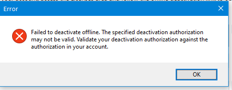Error message in Trados Studio stating 'Failed to deactivate offline. The specified deactivation authorization may not be valid.'