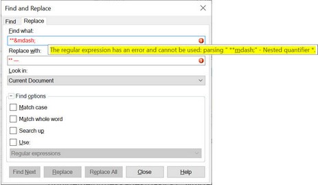 Trados Studio Find and Replace dialog box showing an error message 'the regular expression has an error and cannot be used: parsing **— Nested quantifier *'.
