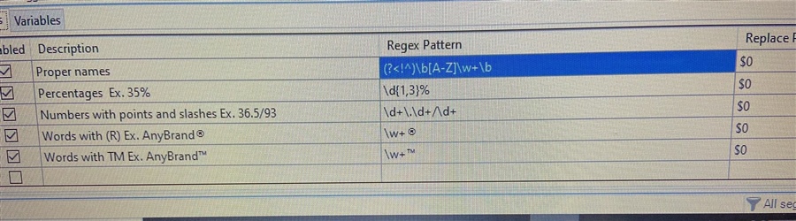 Screenshot of Trados Studio showing a list of regex rules for variables such as Proper names, Percentages, Numbers with points and slashes, Words with (R), and Words with TM. Each rule has a corresponding regex pattern and a replace field set to $0.
