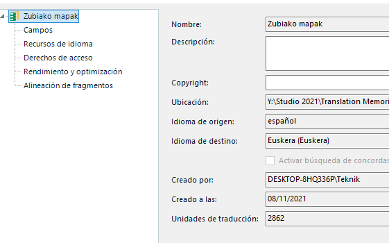 Trados Studio Translation Memory window showing 'Zubiako mapak' with 2862 translation units, created on 08112021.