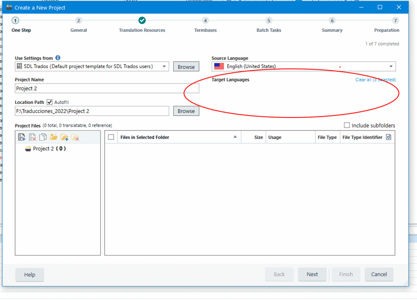 Screenshot of Trados Studio's 'Create a New Project' window with the 'Target Languages' section circled, indicating no languages are displayed.