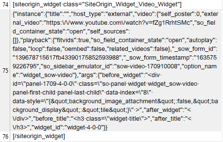 Screenshot of Trados Studio displaying a complex JSON structure with embedded video widget code from SiteOrigin.