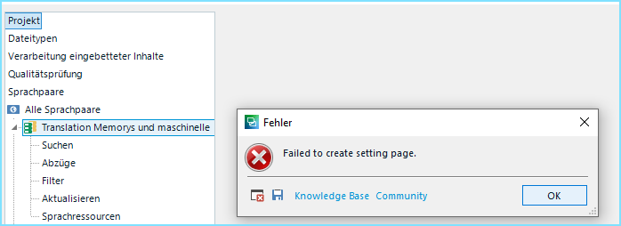 Trados Studio error message window saying 'Failed to create setting page' with an 'OK' button and links to 'Knowledge Base' and 'Community'.