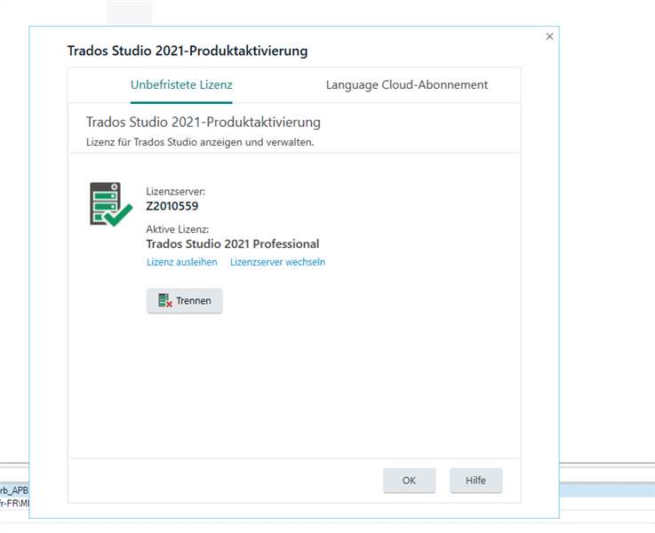 Trados Studio 2021 product activation window showing an active license for Trados Studio 2021 Professional with license server Z2010559.