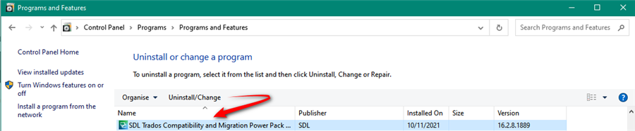 Windows Control Panel showing Programs and Features with SDL Trados Compatibility and Migration Power Pack selected for uninstallation.