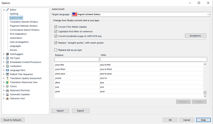 Trados Studio AutoCorrect options window showing settings for English (United States) with options to correct two initial capitals, capitalize first letter of sentences, and replace straight quotes with smart quotes.