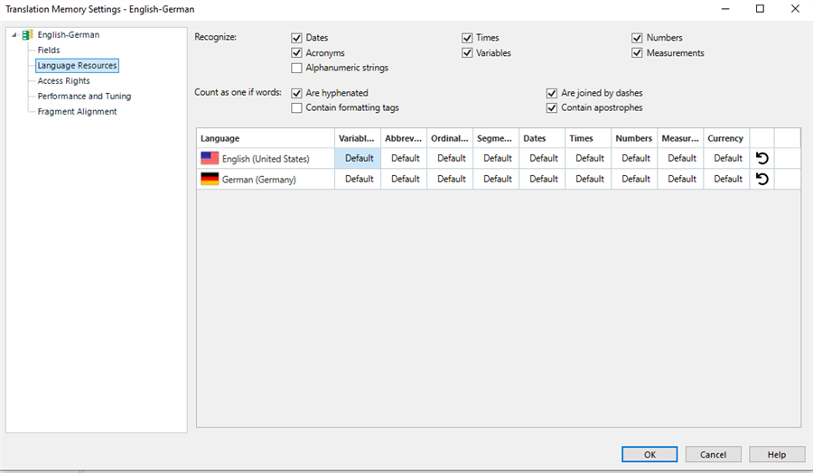 Translation Memory Settings window for English-German language pair in Trados Studio with options to recognize dates, times, numbers, acronyms, and more.