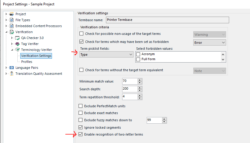 Project Settings window in Trados Studio showing the Verification Settings tab with Termbase name 'Printer Termbase' and options for terminology verification checks.