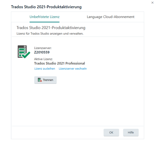 Trados Studio 2021 Product Activation window showing an 'Unlimited License' tab and a 'Language Cloud Subscription' tab. It displays a license server number and an active license for Trados Studio 2021 Professional. There is a 'Disconnect' button with a red icon.