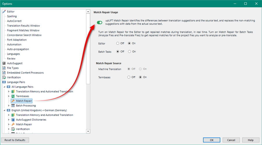 Trados Studio Options window showing Match Repair settings. Match Repair Usage is enabled for Editor and Batch Tasks. Match Repair Source includes Machine Translation and Termbases toggled on.