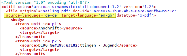 Screenshot of an XLIFF file opened in a text editor showing source language as German (de-de) and target language as English (en-gb).
