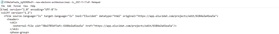 Notepad application open with an XML file displaying code for electronic architecture with UTF-8 encoding.
