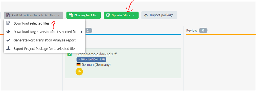 Trados Studio interface showing available actions for selected files with an error icon next to 'Download selected files' and a file named 'SecondSample.docx.sdlxliff' in translation at 15% for German (Germany).