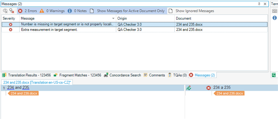 Trados Studio screenshot showing 2 errors in Messages tab: 'Number is missing in target segment' and 'Extra measurement in target segment.'