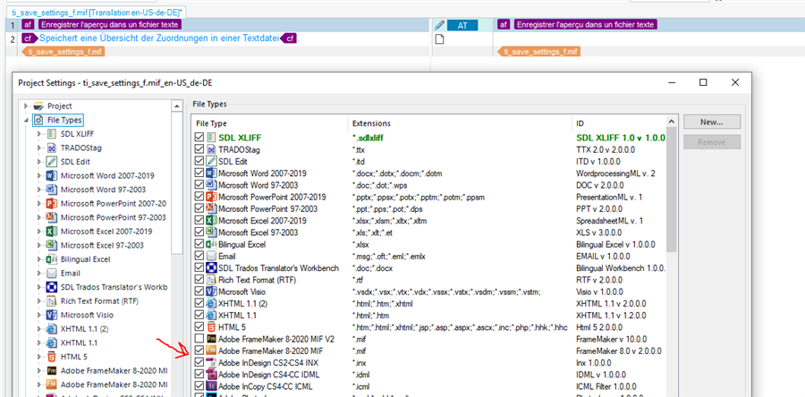 Trados Studio project settings window showing file types with a red arrow pointing to Adobe FrameMaker 8.x200 MIF filter option which is unchecked.